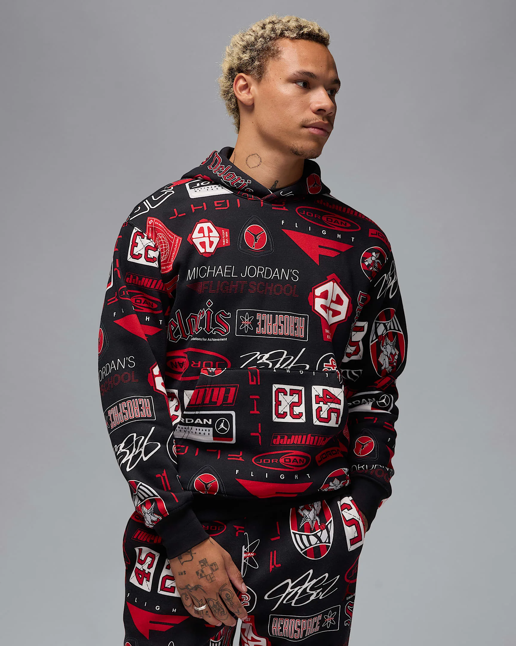 Nike Men's Jordan Essentials Fleece Pullover Hoodie Apparel - Black / Varsity Red - Image 7
